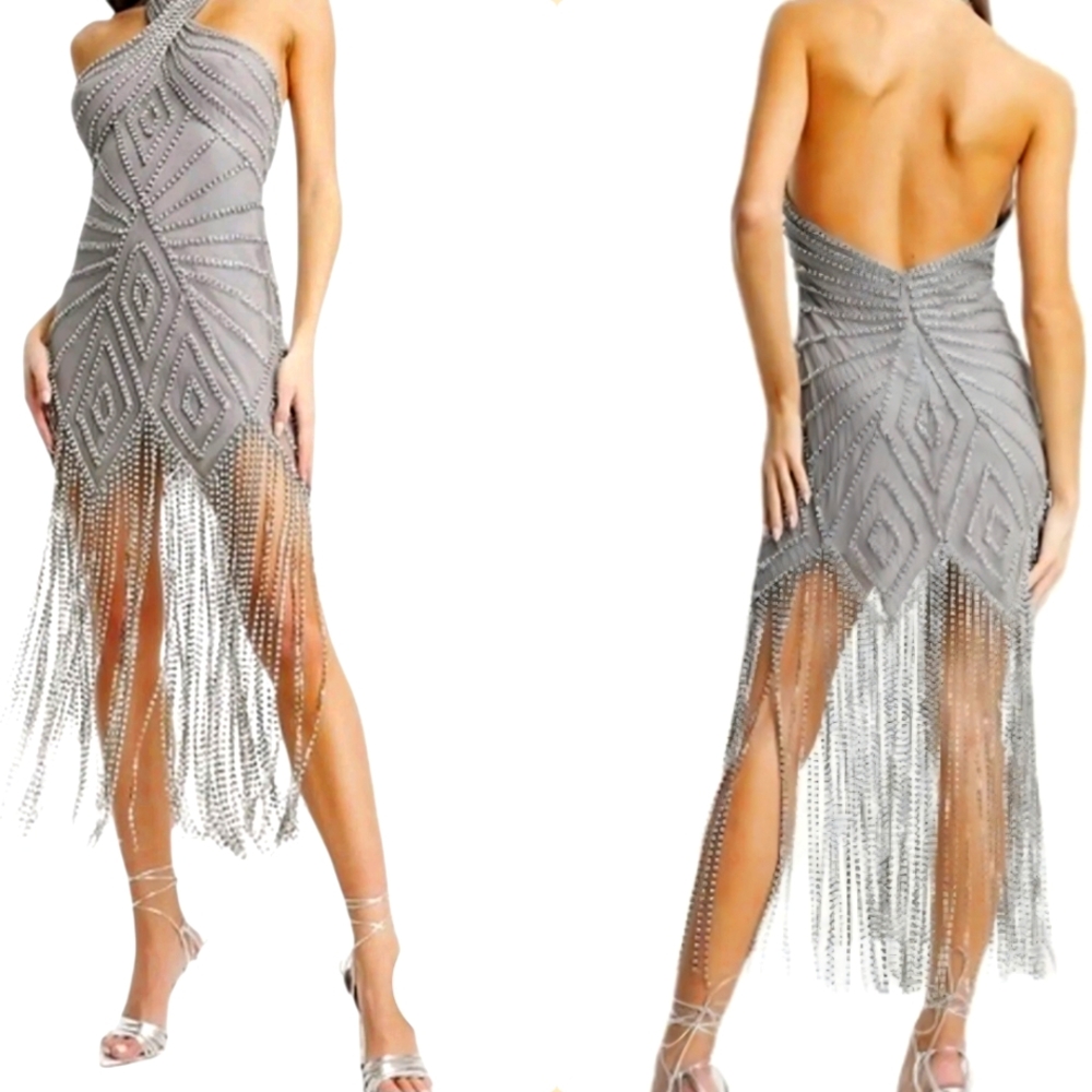 ASOS Design Size 14 Last Showgirl Silver Rhinestone Halterneck Fringed Dress NWT